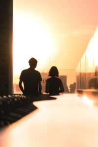 darling, terrace, buildings, people, nature, shades, sun, sunset, afternoon, orange, glow, light